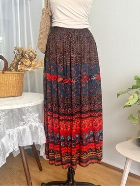 Carole Little Red and Black Boho Tiered Maxi Skirt